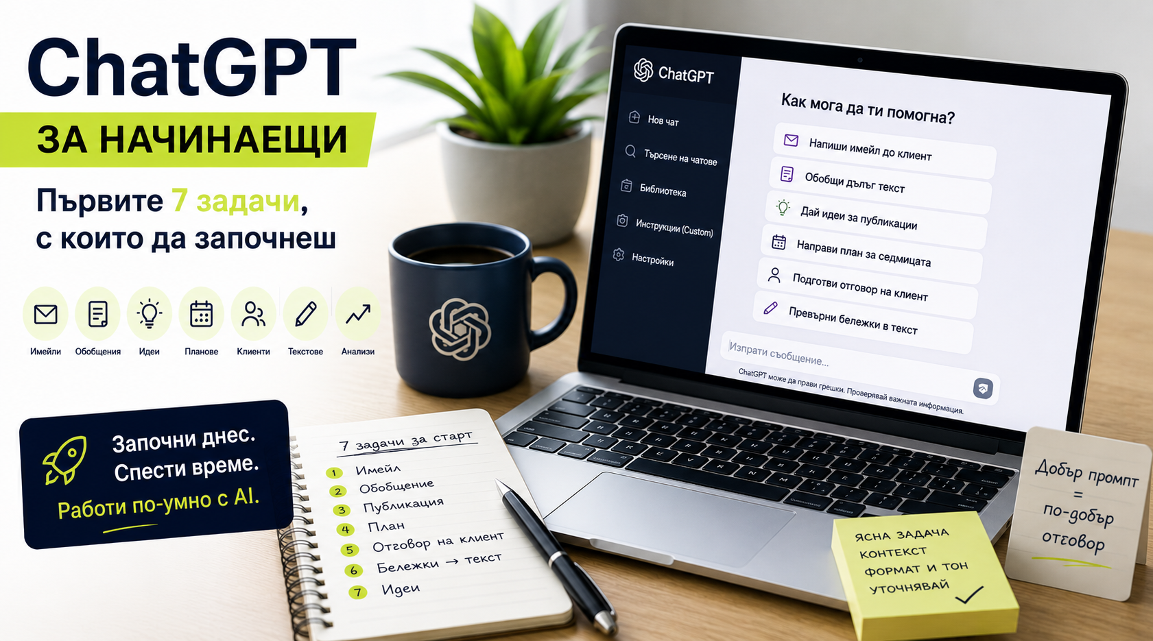 Човек използва ChatGPT на лаптоп с 7 практични задачи за първи стъпки с изкуствен интелект.