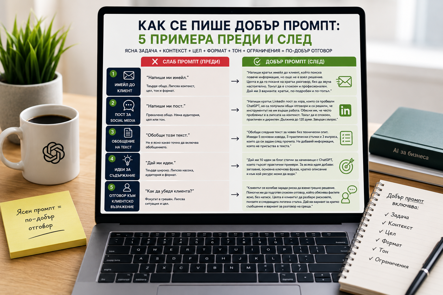 Как се пише добър промпт: 5 примера преди и след